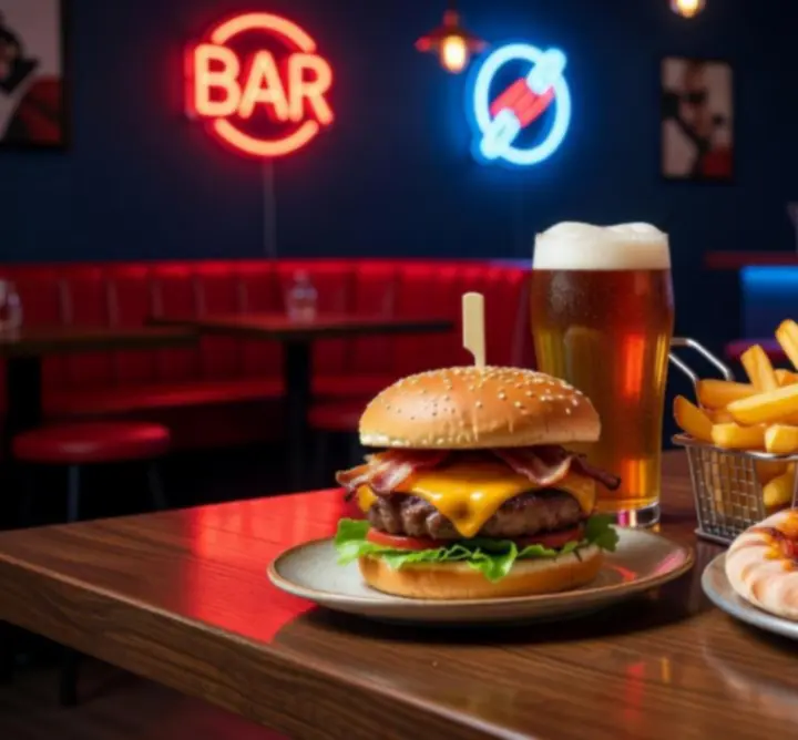 Przekąski barowe, burgery, pizza i napoje na stole w sportowym barze