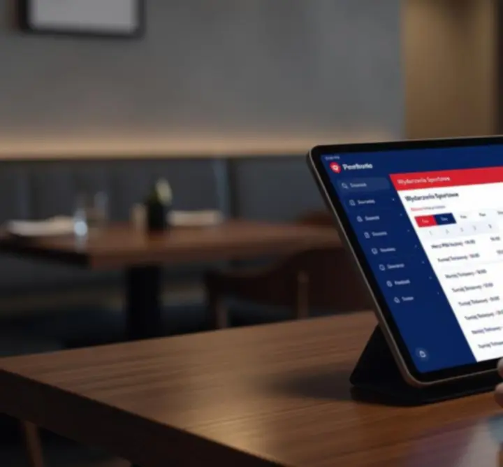 Tablet z ekranem rezerwacji stolika na sportowe wydarzenie