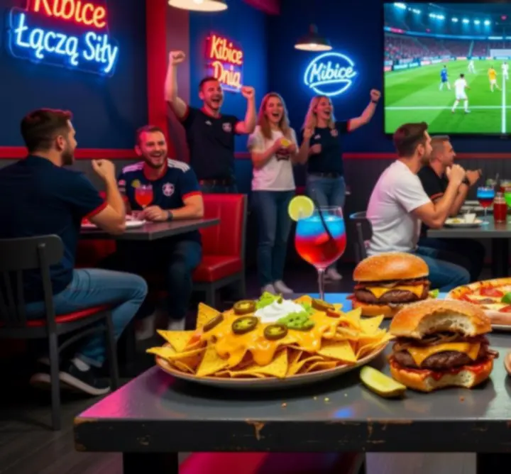 Stół z przekąskami, burgerami i napojami podczas wieczoru meczowego